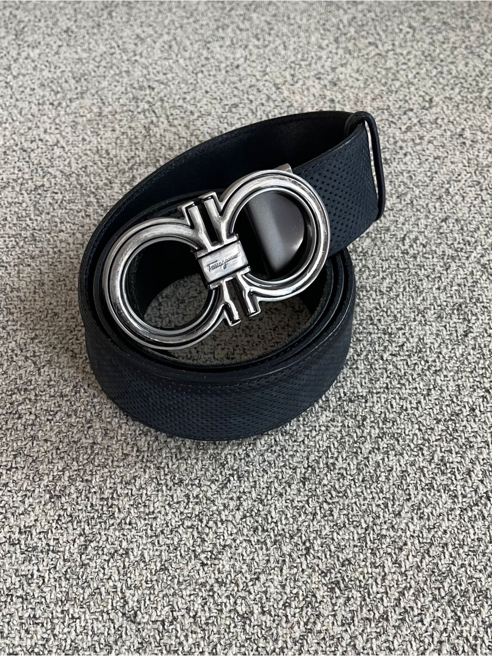 Salvatore Ferragamo Navy Textured Leather Belt with Silver Gancini Buckle
